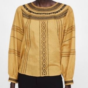 Zara Mustard Embroidered Peasant Top